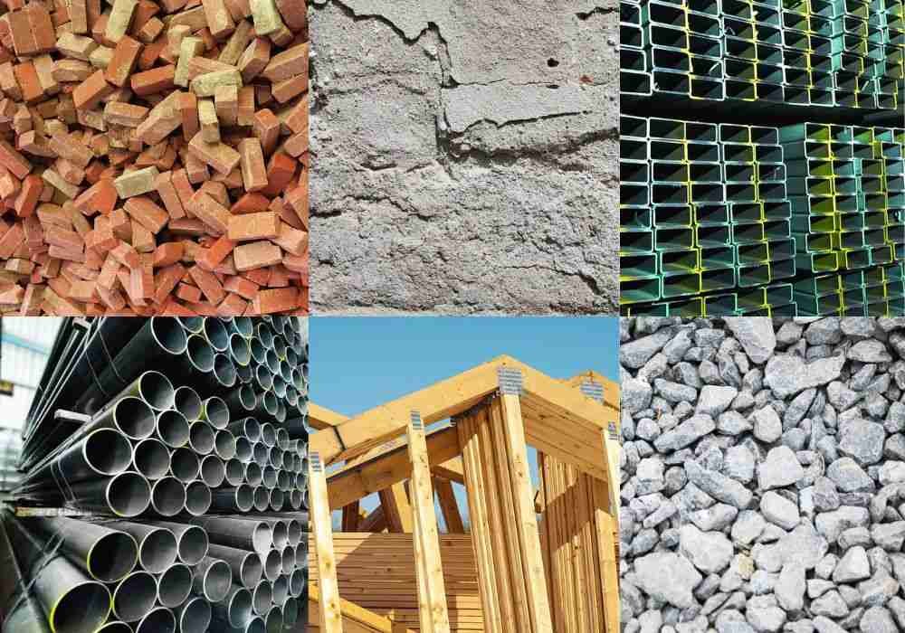 نمونه‌های مختلف مصالح ساختمانی شامل آجر، بلوک و فولاد در یک نمایشگاه