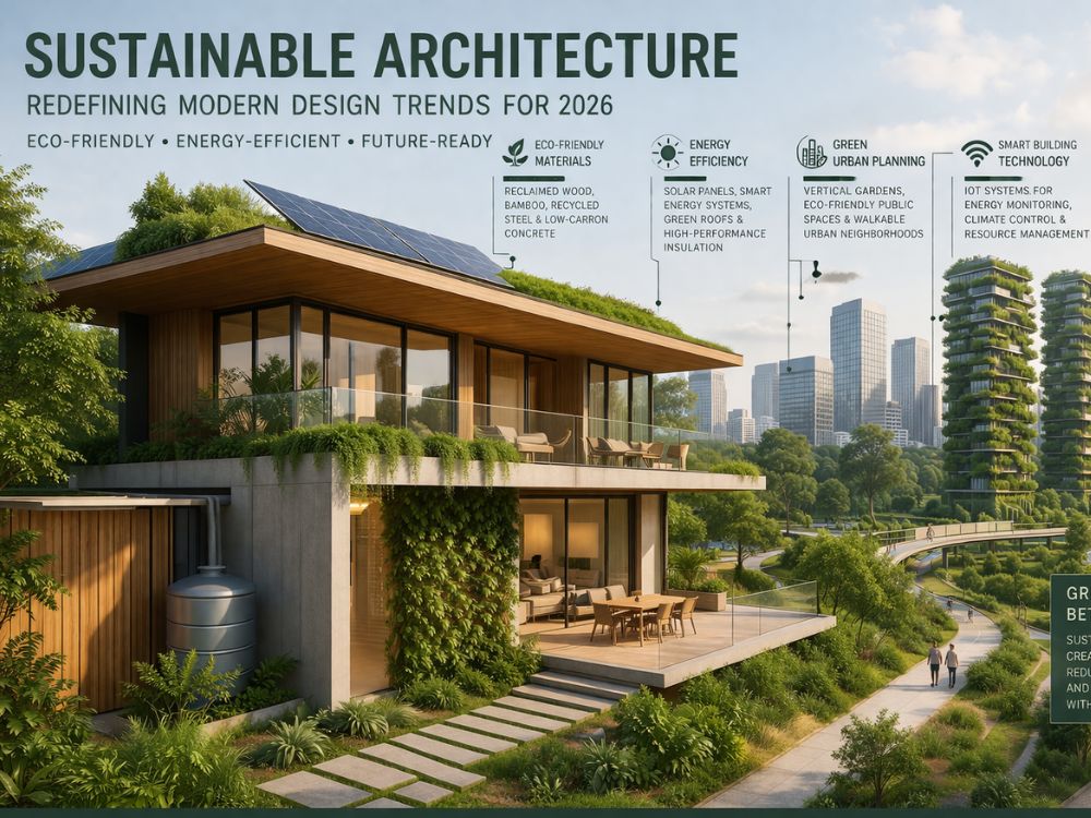 نمایی از یک ساختمان مدرن با ترکیب عناصر سبز و فناوری نوین در معماری 2025