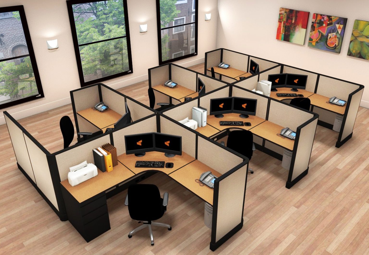 کابین‌های مدرن و قابل تنظیم در یک دفتر کاری