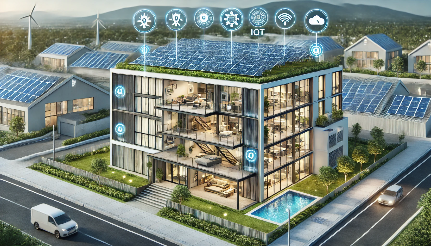 ساختمان هوشمند مدرن با سیستم HVAC پیشرفته و نورپردازی هوشمند