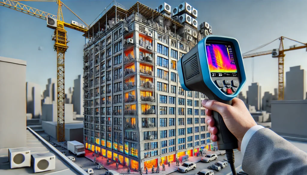 دوربین حرارتی در حال ارزیابی سلامت ساختمان، نشان‌دهنده نقاط ضعف عایق‌بندی و نشت آب