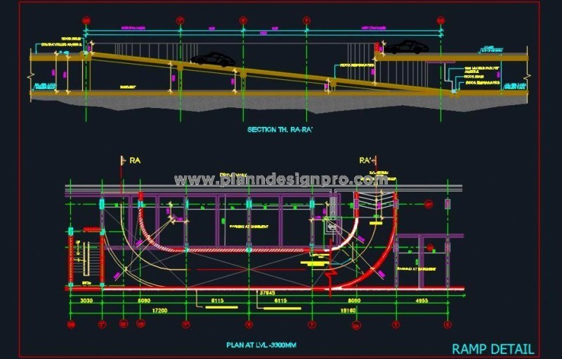 طراحی CAD رمپ پارکینگ زیرزمینی به‌صورت دقیق با جزئیات ساختاری