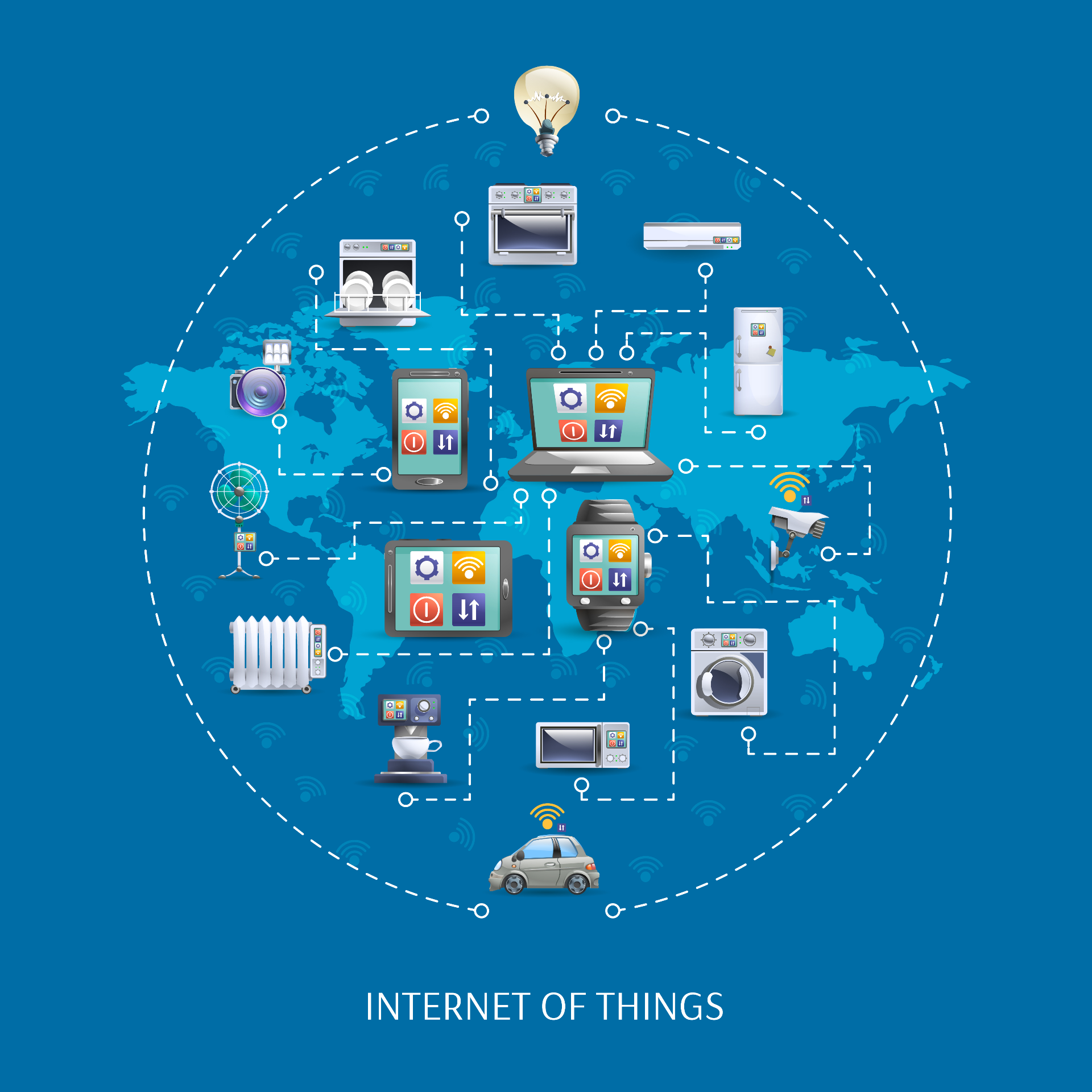 تصویر مفهومی اینترنت اشیا (IoT) با ارتباطات بین دستگاه‌ها در ساختمان‌های هوشمند