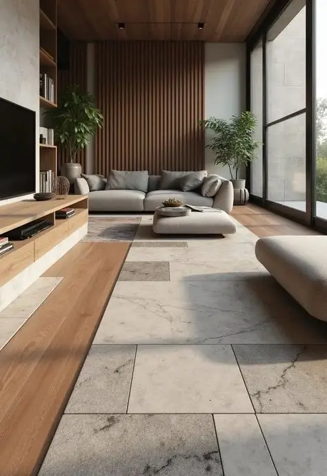نمونه‌ای از کفپوش بتنی صیقلی با طراحی مدرن و خطوط هندسی